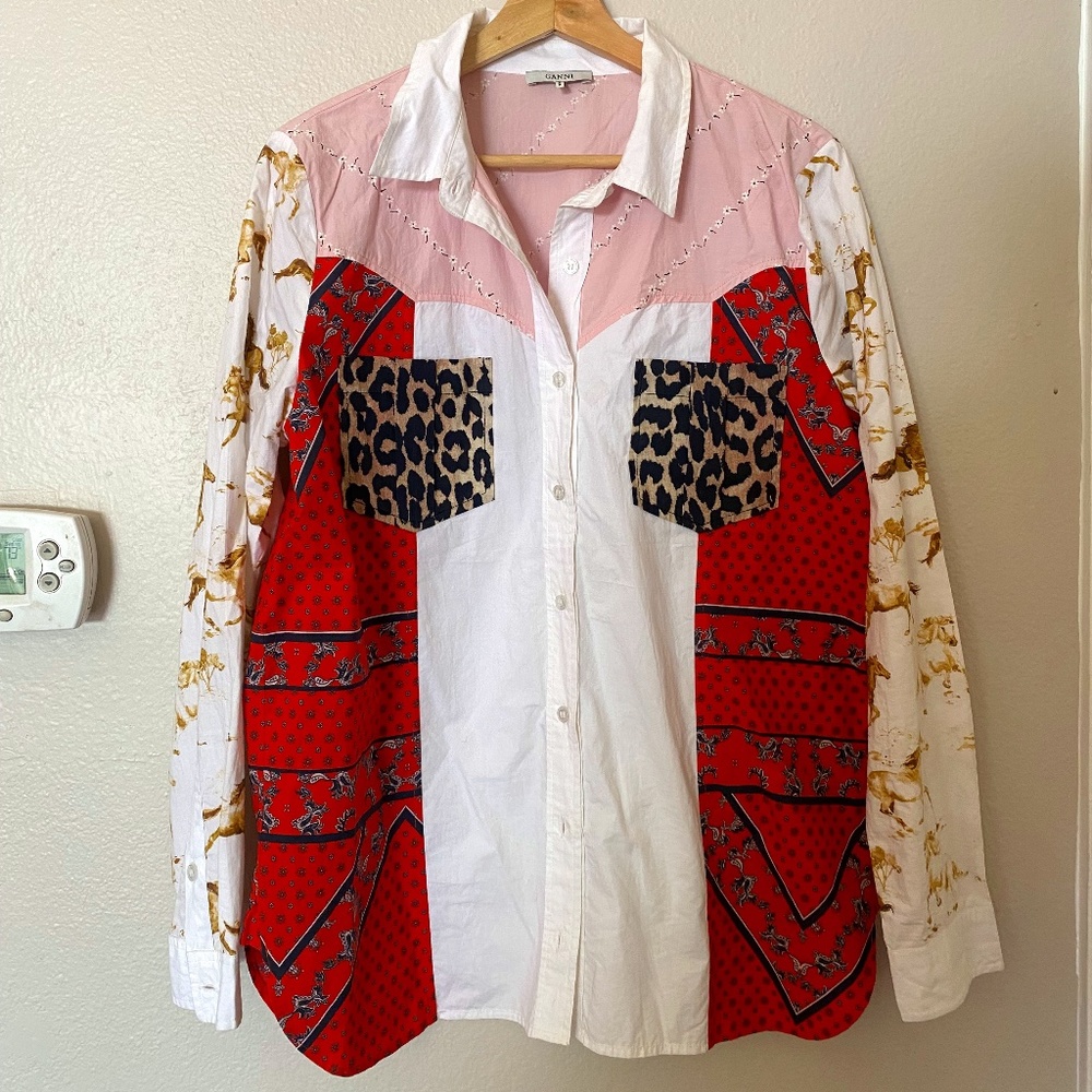 Ganni Patchwork Poplin Button Down, Size 40 (US 10)